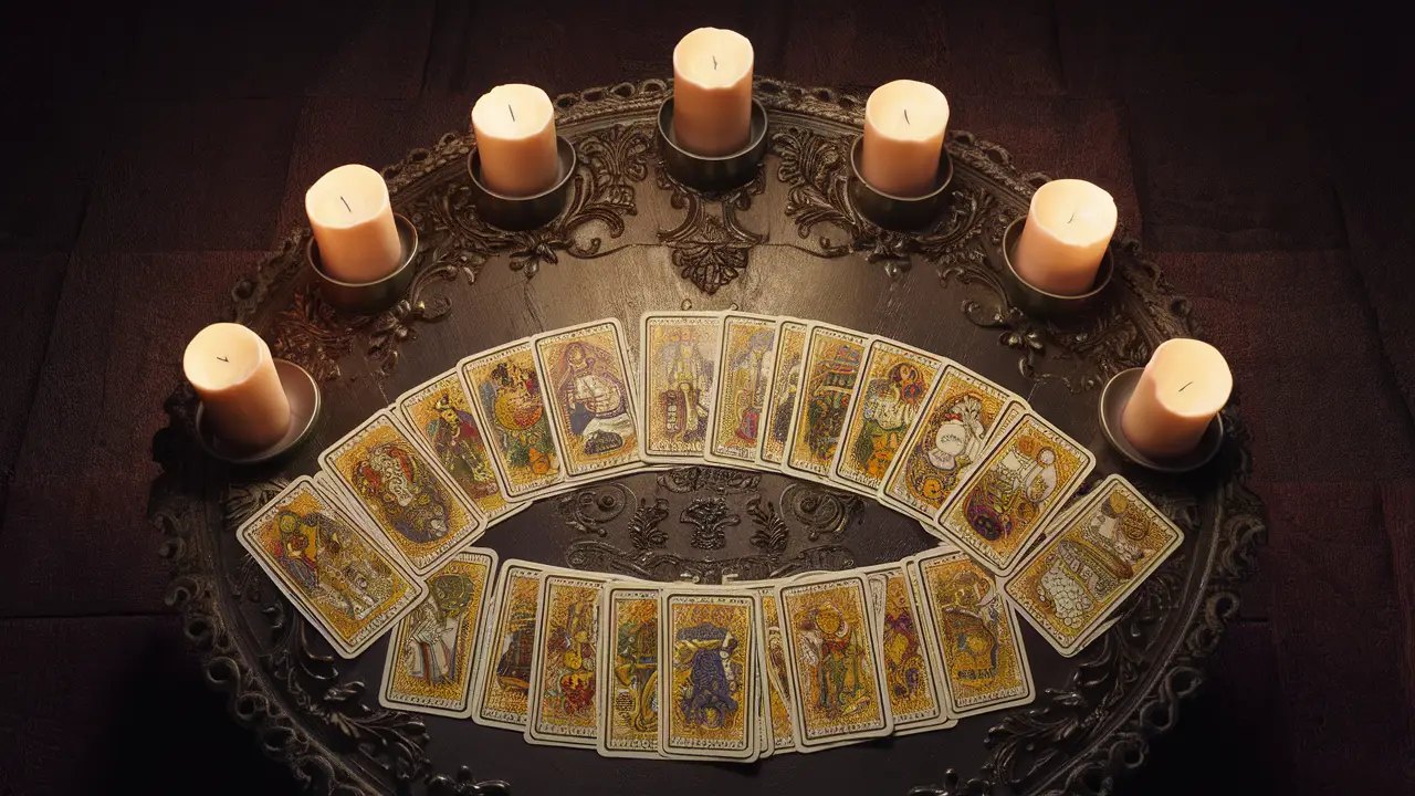 Tarot de Marselha sobre mesa com cartas coloridas e velas acesas ao fundo.