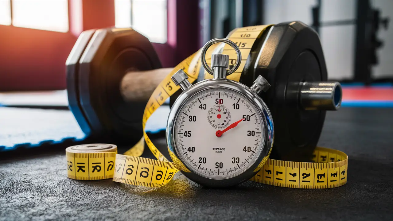 Cronômetro no chão da academia com fita métrica em torno de haltere e tapetes de exercício ao fundo.