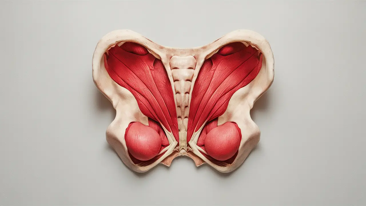 Ilustração anatômica do assoalho pélvico com músculos destacados em vermelho.