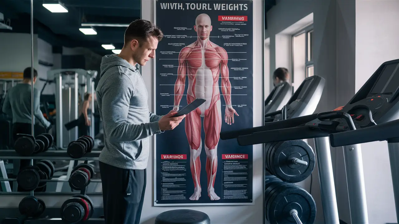 Homem em academia lendo pôster sobre grupos musculares e riscos, com equipamentos de exercício ao redor.