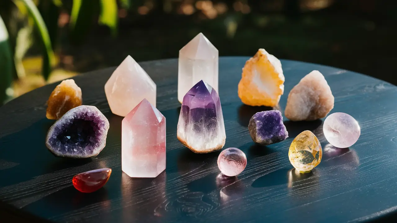 Diversos tipos de cristais, como ametista, quartzo rosa e citrino, sobre uma mesa de madeira escura sob luz natural.