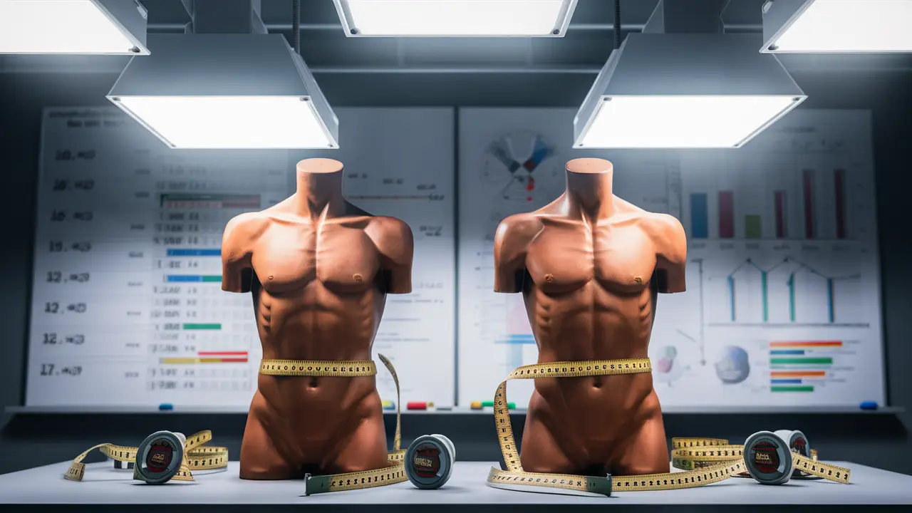 Laboratório científico com torsos masculinos e fitas métricas, diagramas de medições ao fundo.