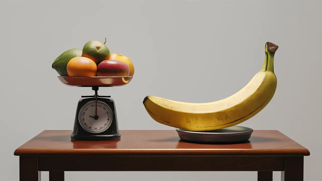 Balança com várias frutas de um lado e uma banana grande do outro.