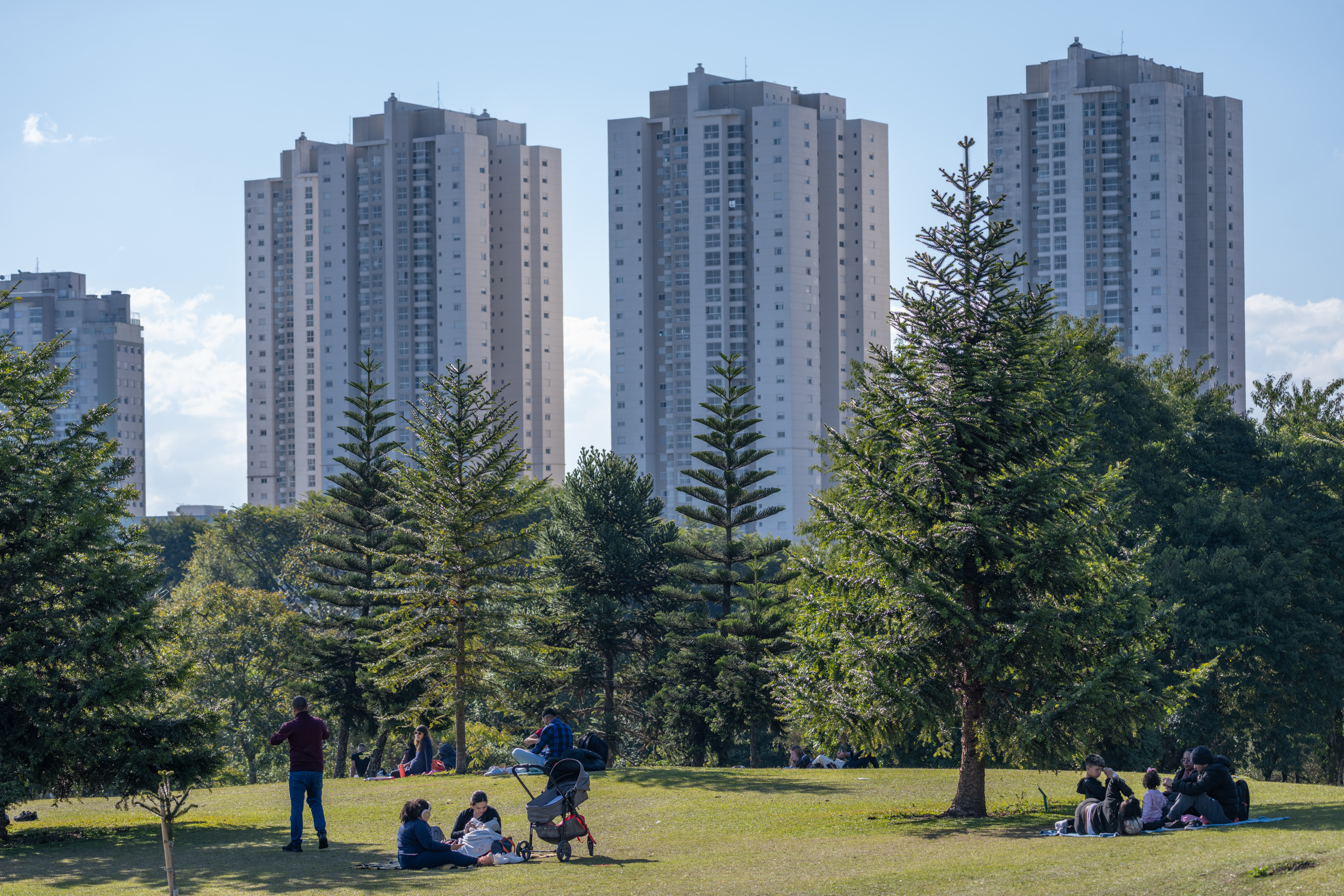 Estufa e jardins do Jardim Botânico de Curitiba vistos em perspectiva frontal