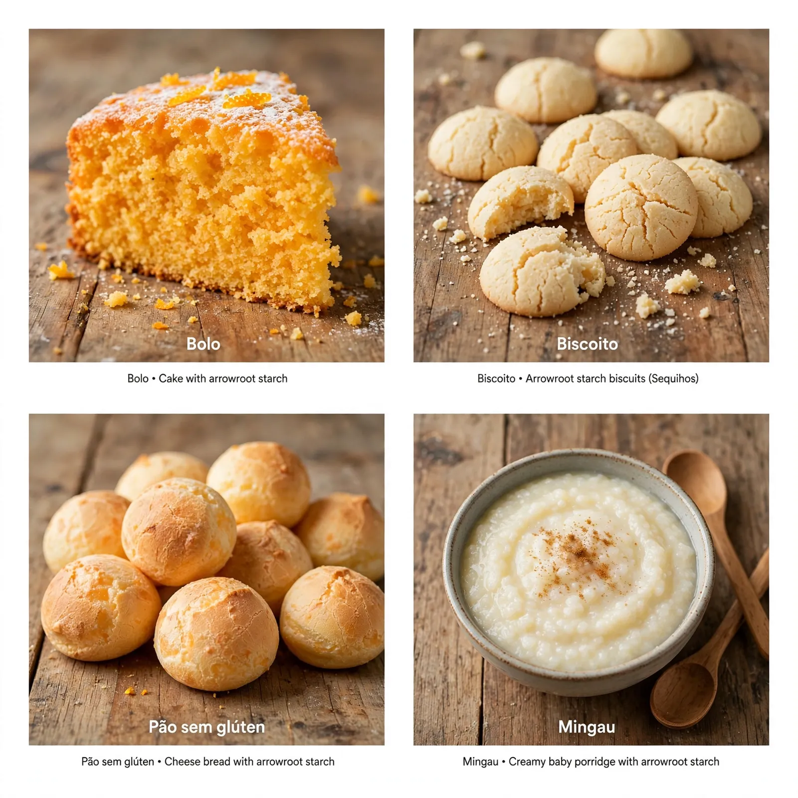 Mosaico com 4 receitas com polvilho de araruta legitima: bolo fofo, biscoito que derrete na boca, pão sem glúten e mingau cremoso