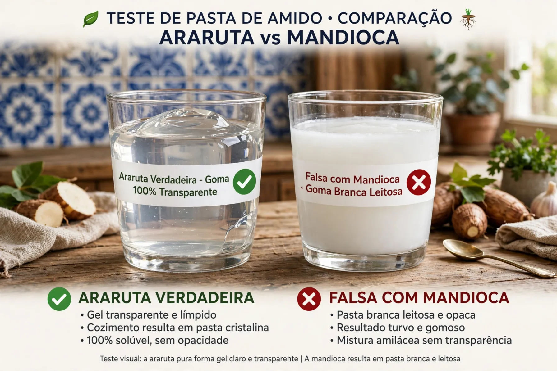 Teste da agua com polvilho de araruta verdadeira com goma 100 por cento transparente versus falsa com mandioca com goma branca leitosa