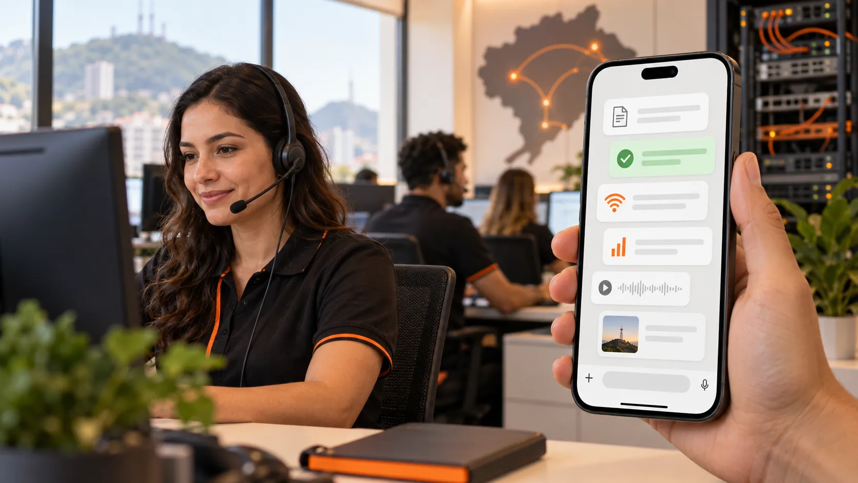 Profissional com headset atende em um provedor de internet enquanto um celular mostra o Agente de IA auxiliando com segunda via, suporte e mensagens.