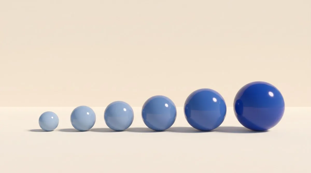 Ilustração abstrata sobre fundo creme: seis esferas em fila sobre um piso claro, da menor e mais clara à esquerda até a maior e azul-escura à direita, cada uma com a própria sombra, como uma linha do tempo sem datas.