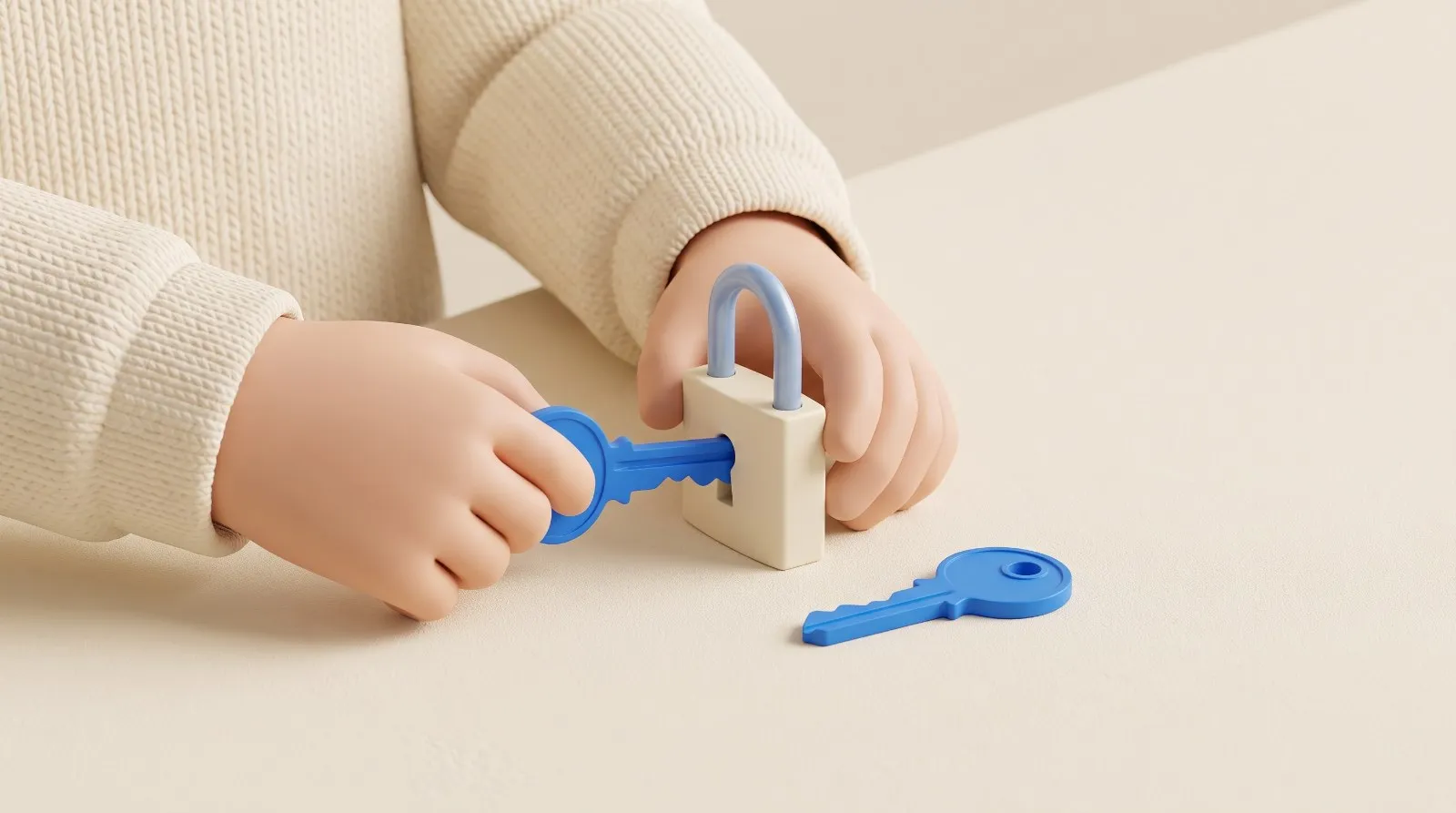 Ilustração em render suave: as mãos de uma pessoa de suéter creme girando uma chave azul num cadeado pequeno creme de haste azul-clara, sobre uma mesa creme, com uma segunda chave azul deitada ao lado.