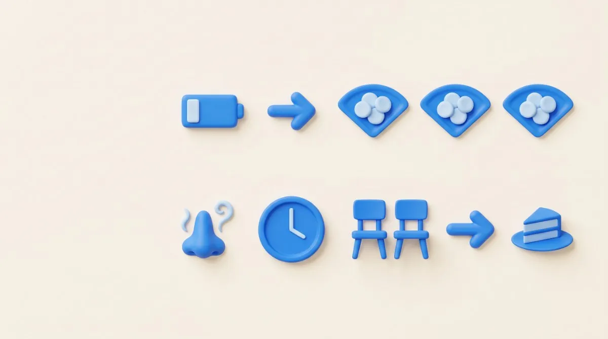 Diagrama sem palavras, em azul sobre creme, com duas fileiras de ícones: em cima, uma bateria quase vazia, uma seta e três pratos genéricos; embaixo, um nariz com duas voltas de aroma, um relógio sem números, duas cadeiras lado a lado, uma seta e uma única fatia de bolo.