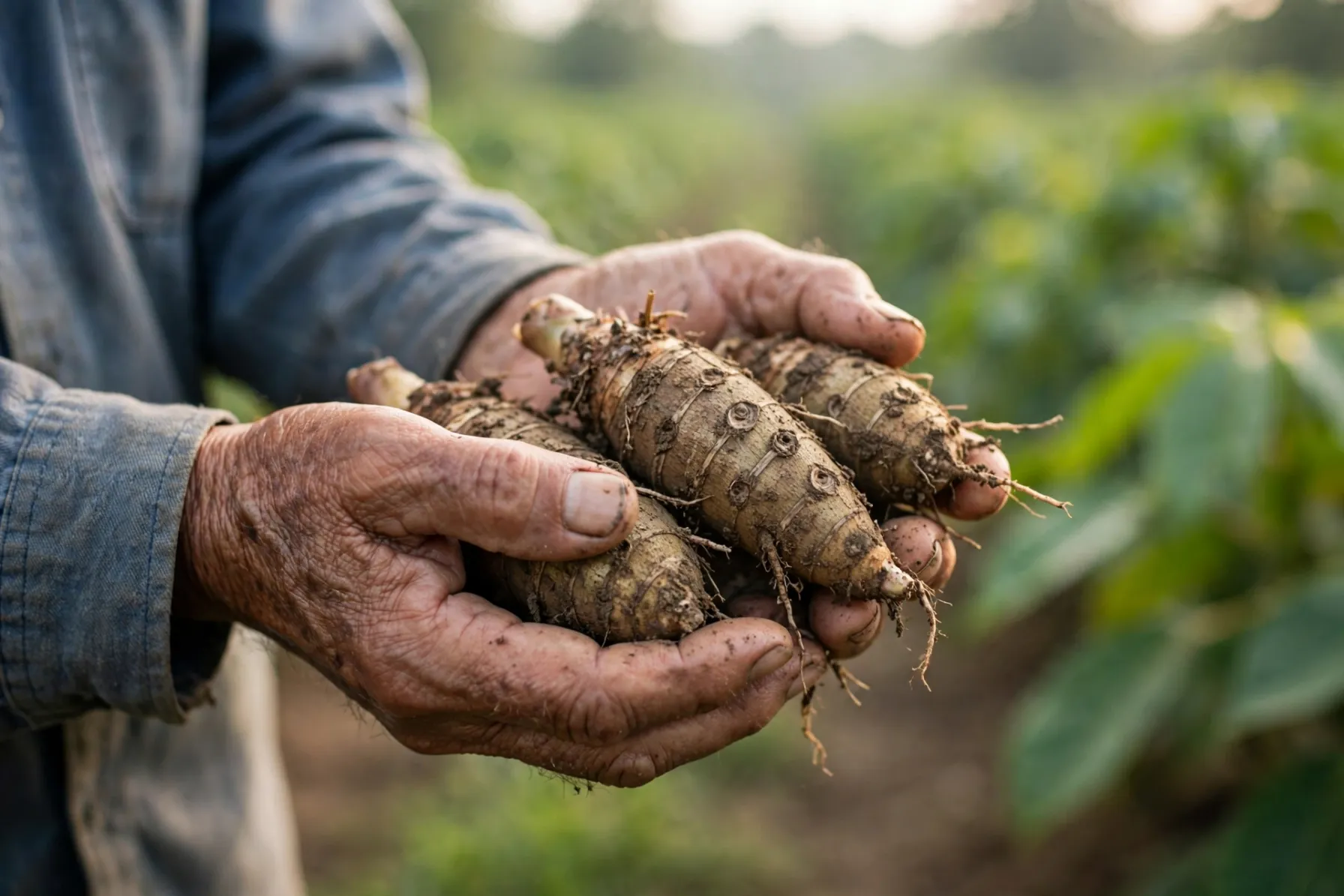 Mãos de agricultor segurando rizomas de araruta recém-colhidos na roça