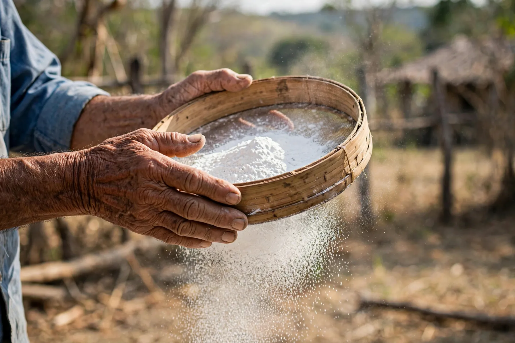 Mãos de agricultor peneirando polvilho de araruta branco e fino em peneira de bambu artesanal ao ar livre na Bahia