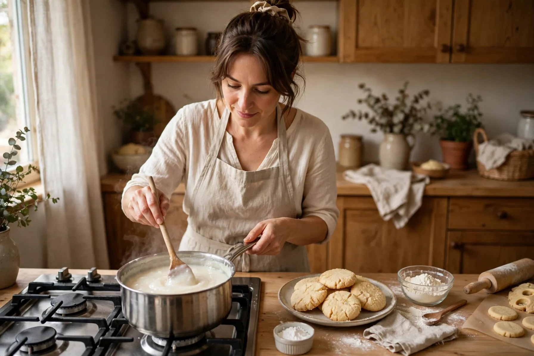 Mulher preparando mingau e biscoitos com polvilho de araruta na cozinha