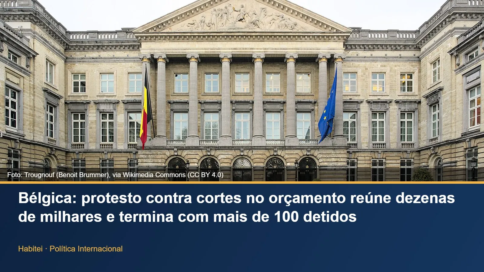 Fachada do Palácio da Nação, sede do Parlamento belga, em Bruxelas