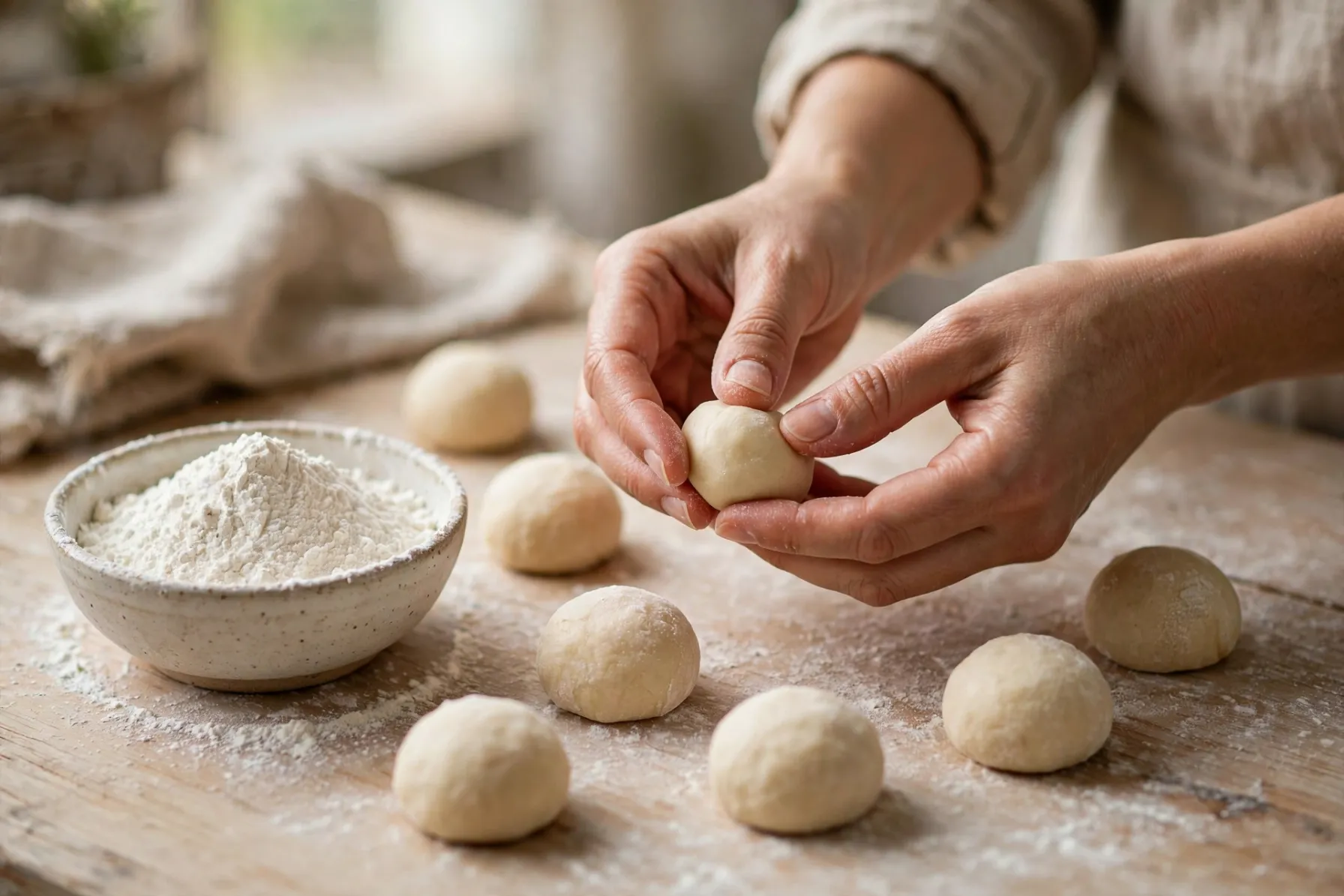 Mãos moldando bolinhas de 15g de massa de biscoito de araruta puro