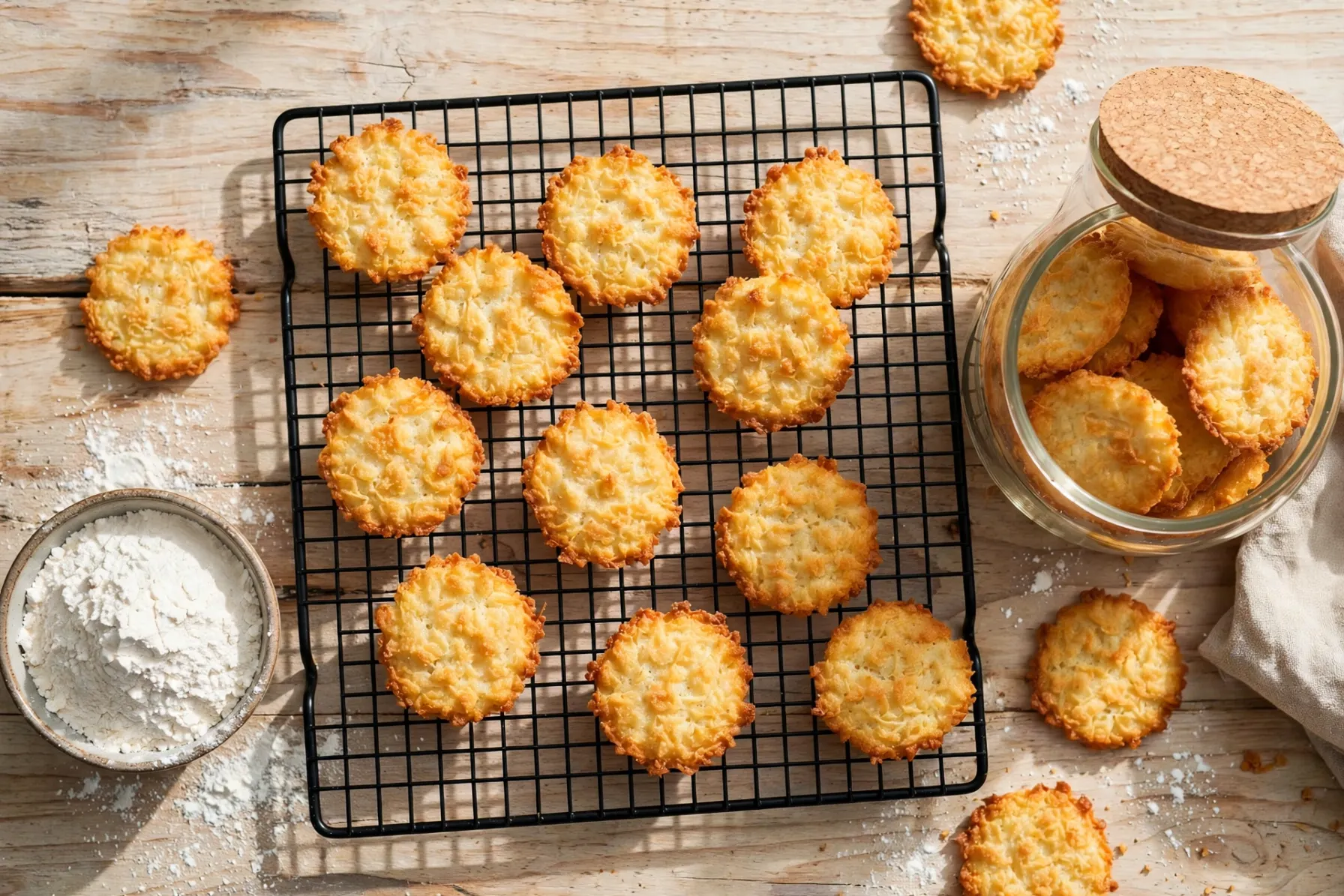 Biscoitos de araruta crocantes esfriando em grade com pote de vidro e tigela de polvilho puro