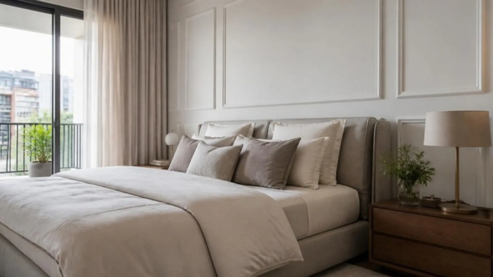 Quarto de apartamento com boiserie branca atrás da cama (imagem ilustrativa)