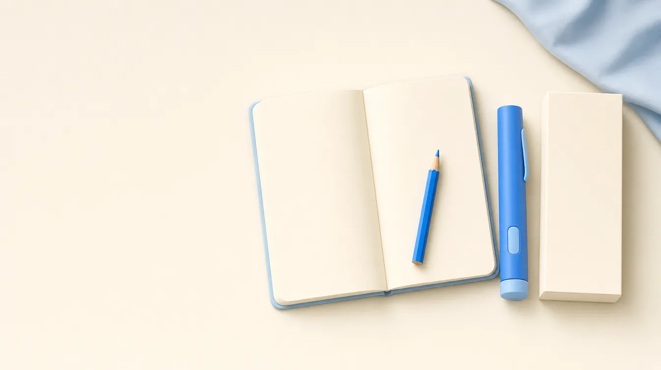 Ilustração vista de cima de um caderno aberto com páginas em branco e um lápis azul sobre ele, ao lado de uma caneta injetora azul com tampa e de uma caixa creme sem nada escrito, sobre uma mesa creme.