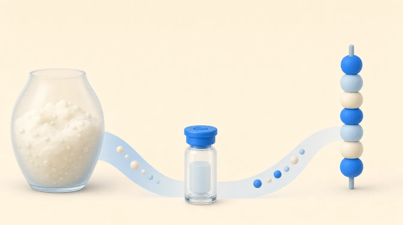 Ilustração de um diagrama sobre fundo creme: à esquerda, um frasco de vidro arredondado com espuma branca cheia de bolhas; à direita, uma haste com esferas azuis e creme enfileiradas; de cada lado, um caminho azul-claro desce até um único vial de vidro com tampa azul no centro.