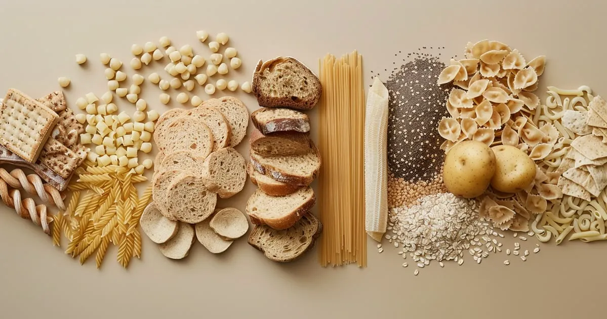 Variedade de fontes de carboidratos em uma mesa, incluindo arroz integral, feijão, batata inglesa, macarrão,aveia, pão integral e frutas.