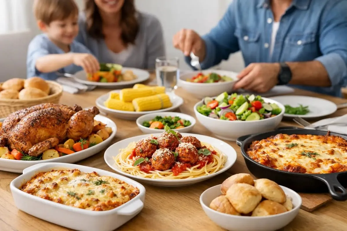 Família à mesa prestes a consumir um almoço caseiro