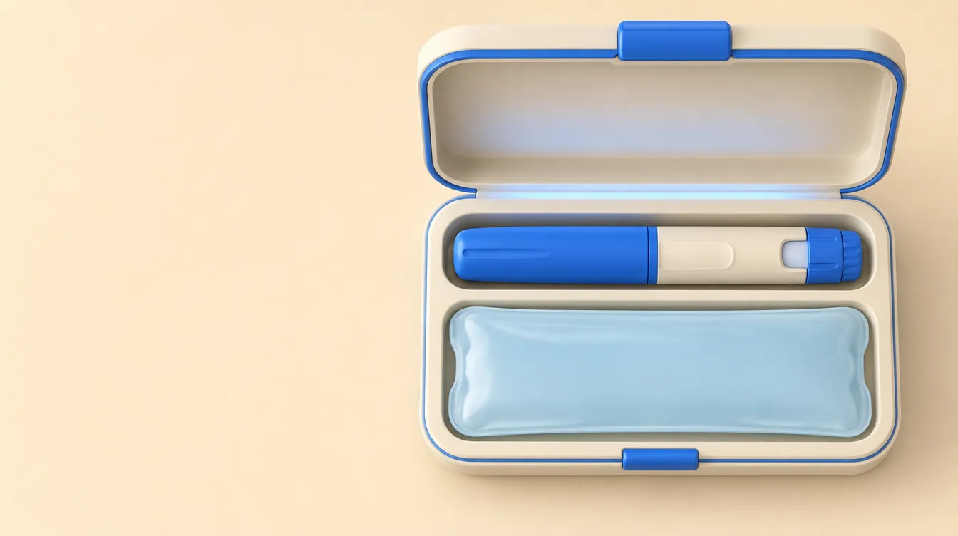 Ilustração vista de cima de uma maleta creme aberta, com uma caneta injetora encaixada num recorte ao lado de uma bolsa de gel azul-clara, sob um brilho azul frio vindo de dentro da maleta.