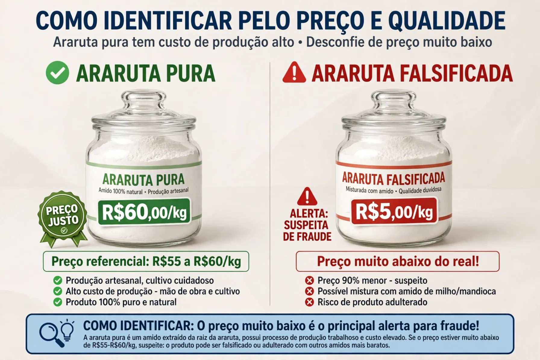 Comparação entre araruta pura com preço justo de R$60,00 por kg e araruta falsificada vendida por R$5,00 por kg, mostrando que o preço muito baixo é o principal alerta para fraude e mistura com amido de mandioca