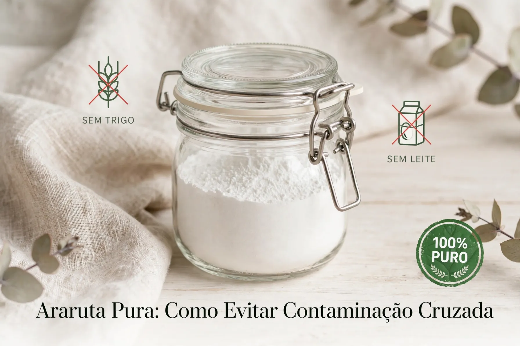 Polvilho de araruta 100 por cento puro em colher de madeira com raiz de araruta fresca ao fundo, exemplo de produto artesanal sem contaminação cruzada com trigo e leite