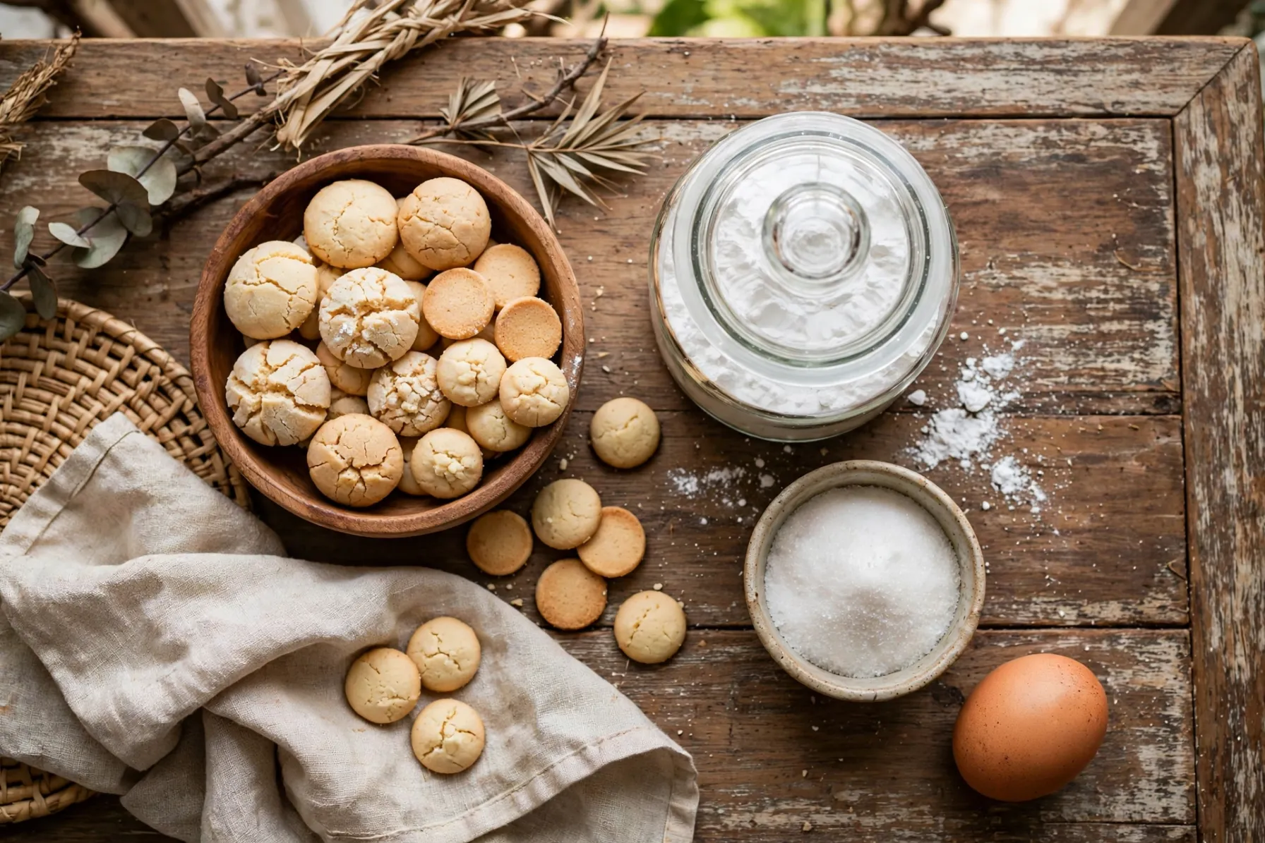 Tigela rustica com biscoitos e sequilhos artesanais de araruta pura ao lado de pote de vidro com polvilho e ingredientes