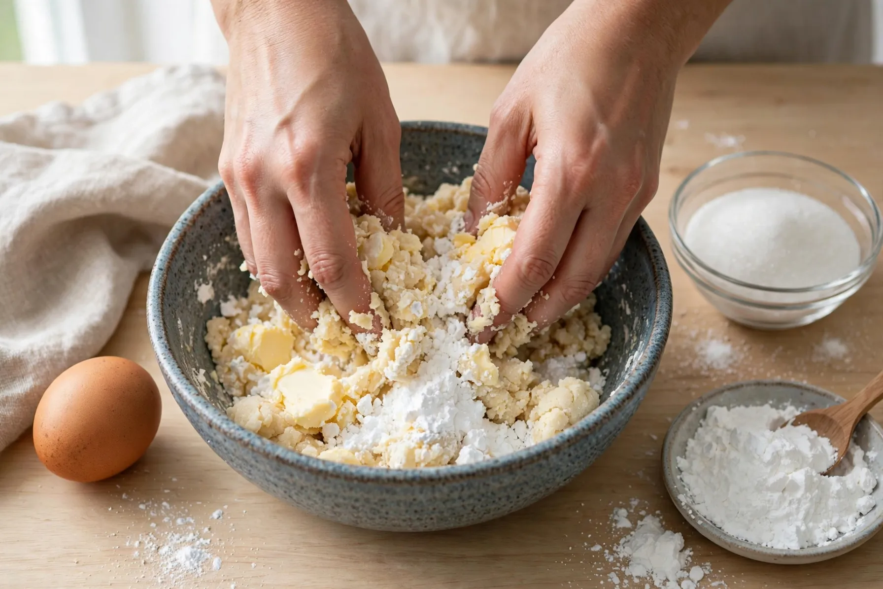 Mãos misturando massa de biscoito de araruta pura com manteiga em tigela de ceramica artesanal