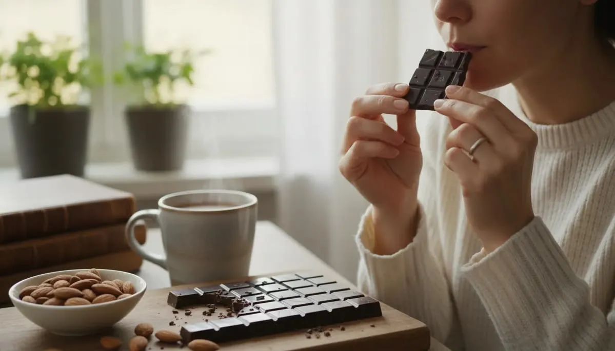 Mulher consumindo com tranquilidade diante de uma porção de doce à mesa