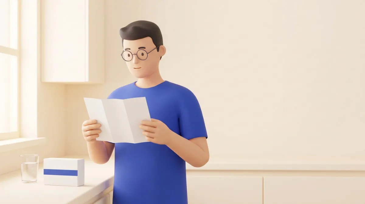 Ilustração de um homem de óculos redondos e camiseta azul, de pé numa cozinha clara pela manhã, lendo uma bula dobrada, em branco, com as duas mãos. Na bancada, uma caixa de remédio branca com faixa azul, sem rótulo, e um copo de água. Luz da janela à esquerda.