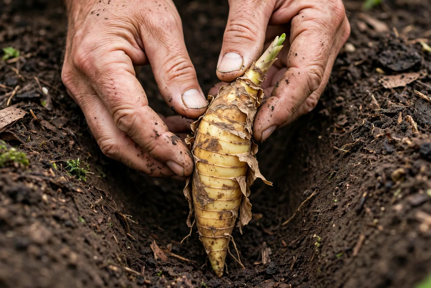 Como plantar rizoma de araruta na terra - sulco de 8cm com broto virado para cima