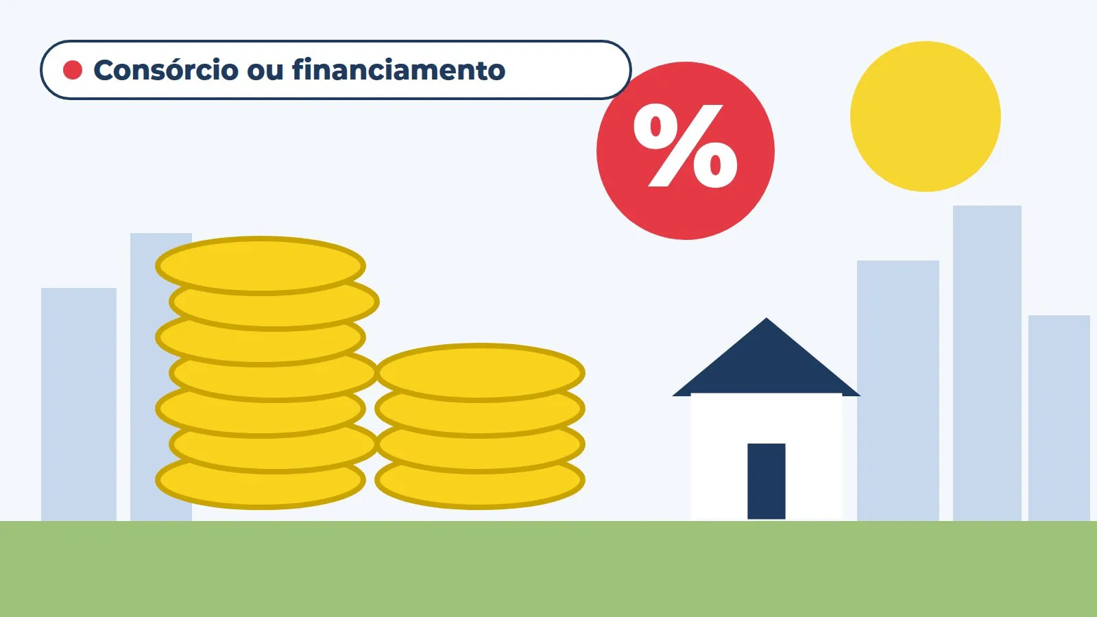 Ilustração de moedas e casa comparando consórcio e financiamento