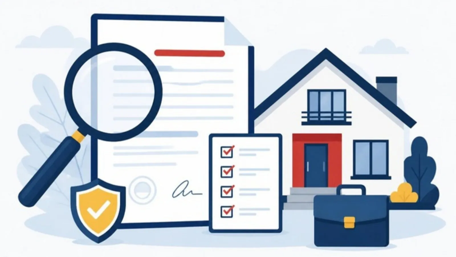Ilustração: contrato imobiliário analisado com lupa, checklist e casa