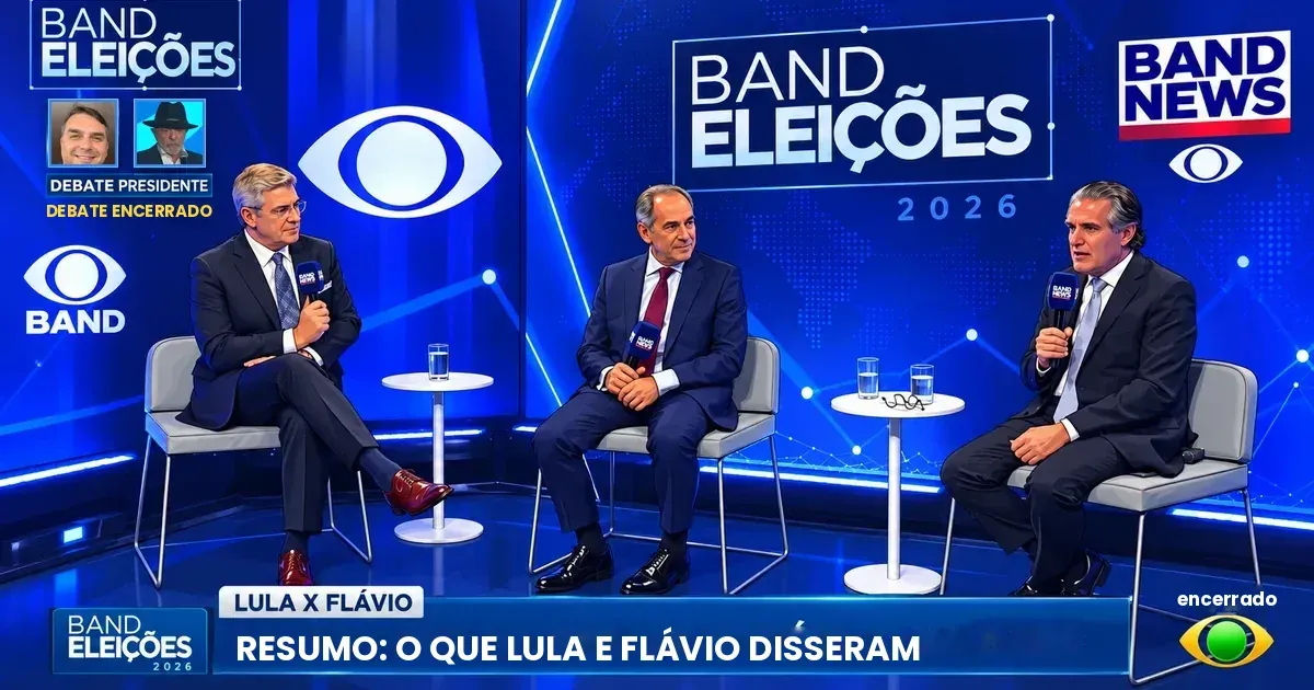 Estúdio do debate Band Eleições 2026, imagem ilustrativa gerada por IA, com fotos de Lula e Flávio Bolsonaro e a indicação de debate encerrado