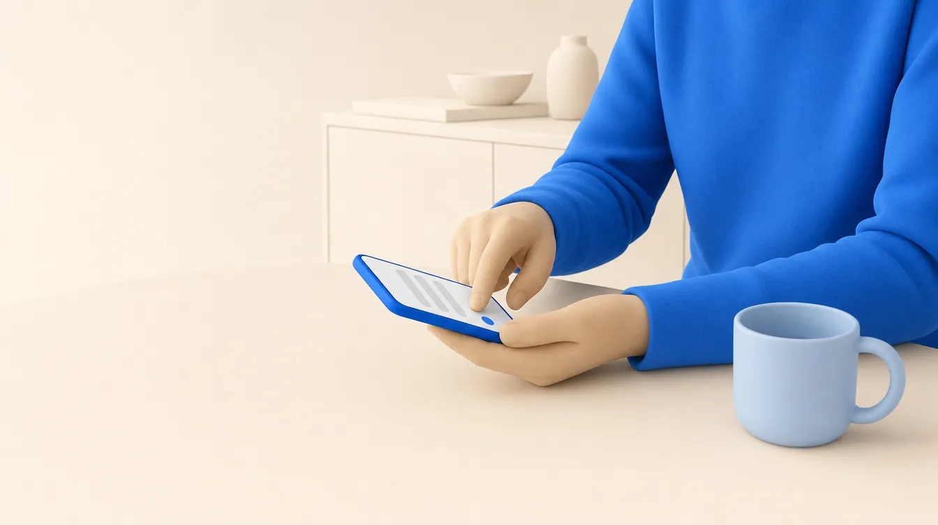 Ilustração de uma pessoa sentada à mesa, vista do peito para baixo e sem o rosto no quadro, tocando a tela de um celular que mostra uma fileira curta de barras cinza e um ponto azul.
