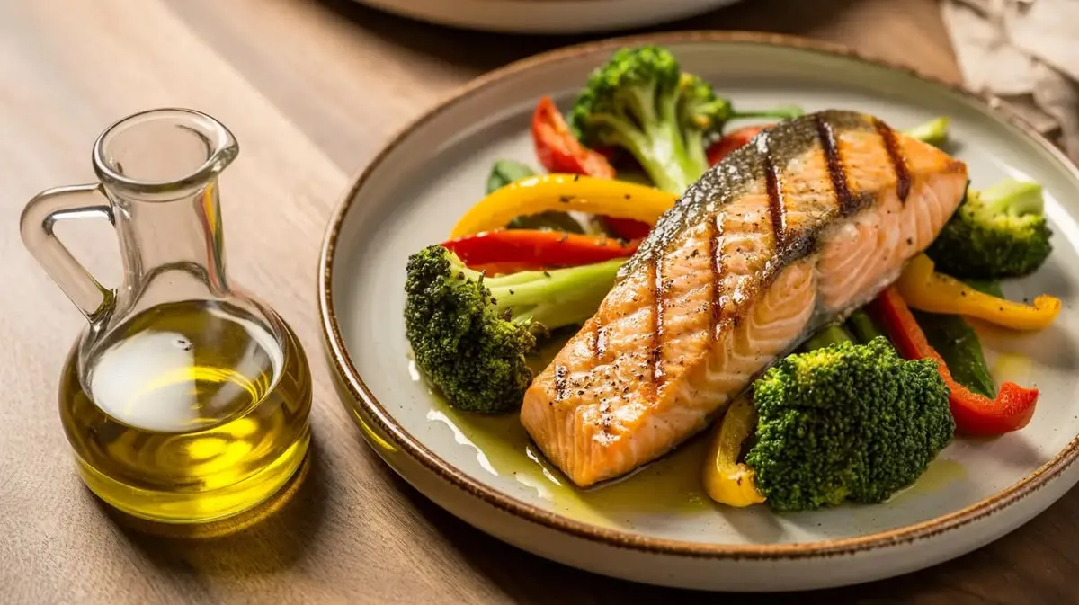 Refeição inspirada no padrão mediterrâneo com peixe, vegetais, grão-de-bico, pão integral, azeite e frutas