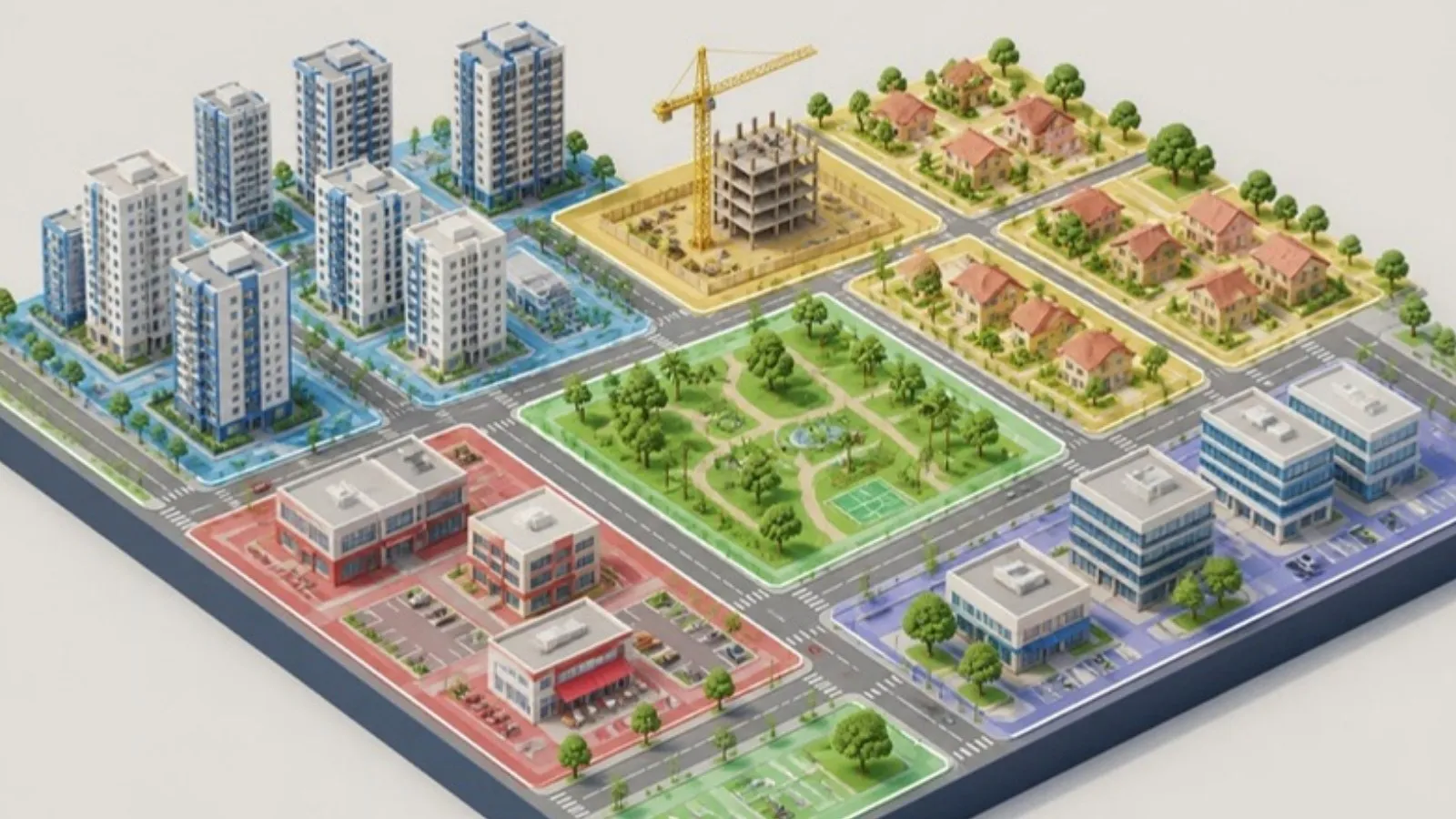 Imagem ilustrativa: maquete 3D de bairro com zonas de uso urbano