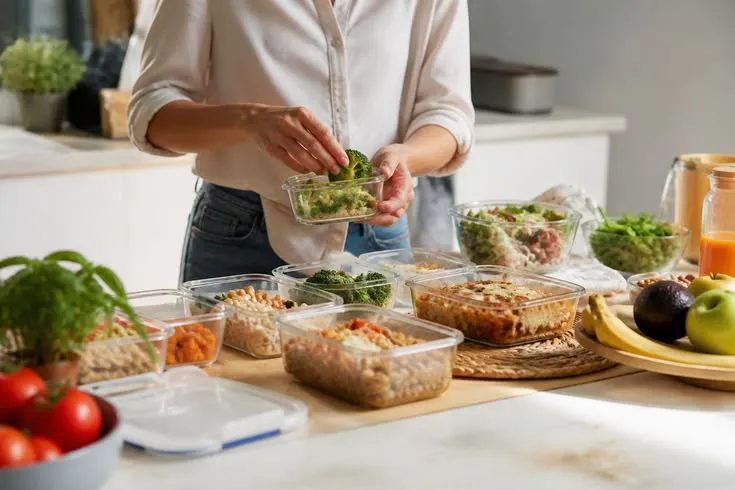 Mesa com diversas marmitas saudáveis sobre a mesa, com frutas e outros alimentos