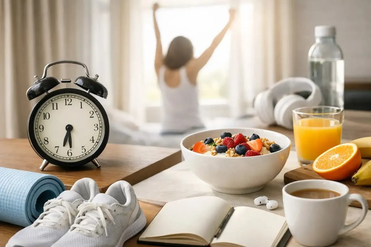 Imagem com um relógio, suco de laranja, garrafa de água, tapete de ioga, tênis, fones de ouvido, um caderno aberto e uma mulher acordando