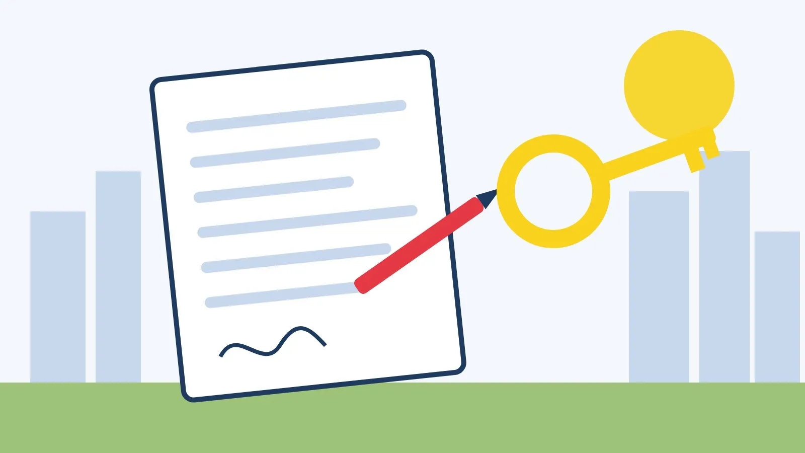 Ilustração de contrato assinado e chave de casa representando o financiamento