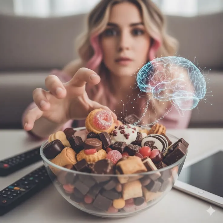 Mulher está prestes a comer um recipiente repleto de doces, uma imagem de um cérebro reflete o momento de pensar sobre a necessidade de ingerir tal alimento 