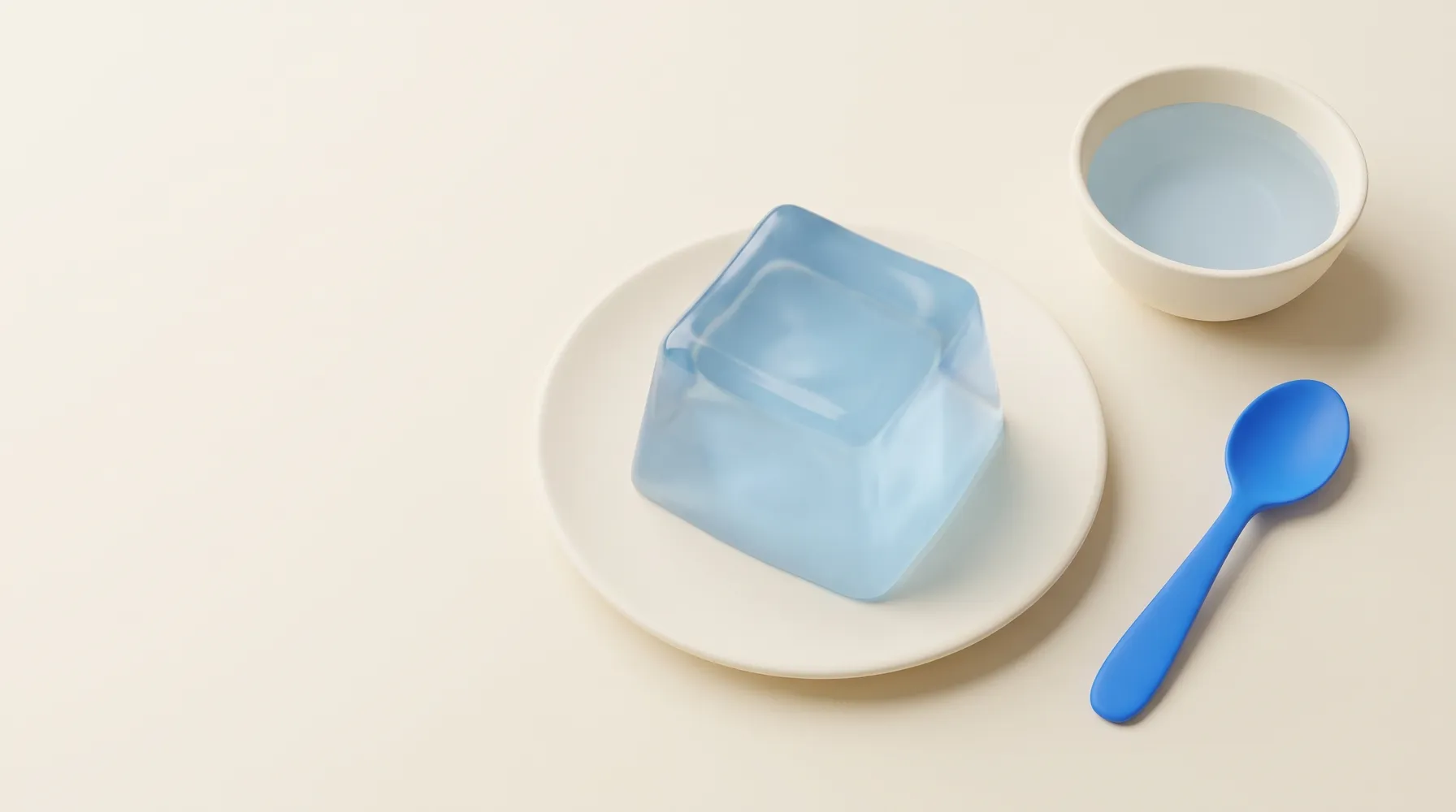 Ilustração vista de cima de um cubo de gelatina azul-clara translúcida sobre um prato creme, ao lado de uma tigela pequena com água e de uma colher azul, sobre uma mesa creme com muito espaço vazio à 