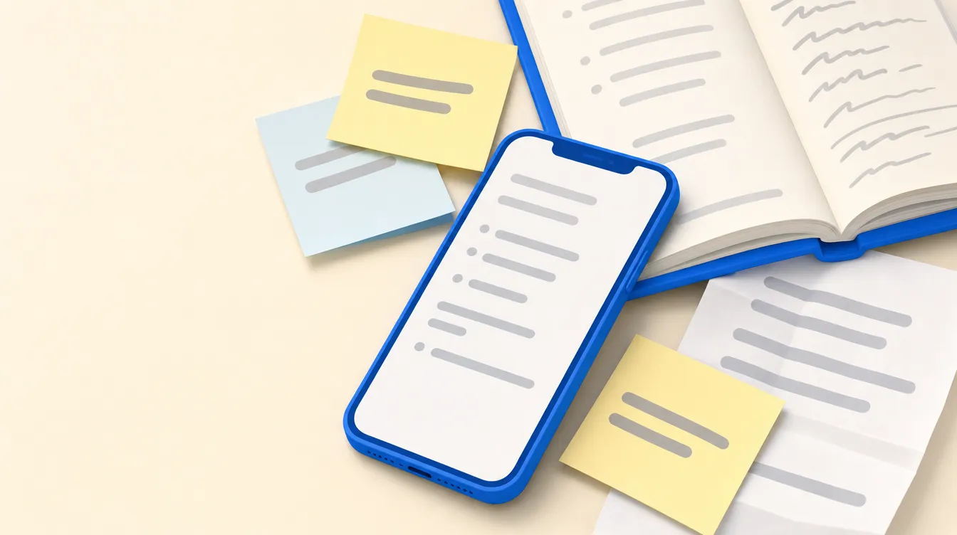 Ilustração em close de uma mesa com anotações espalhadas e sobrepostas: um celular com uma lista de barras cinza na tela, um caderno aberto com linhas de rabisco, post-its e uma folha de papel dobrada.