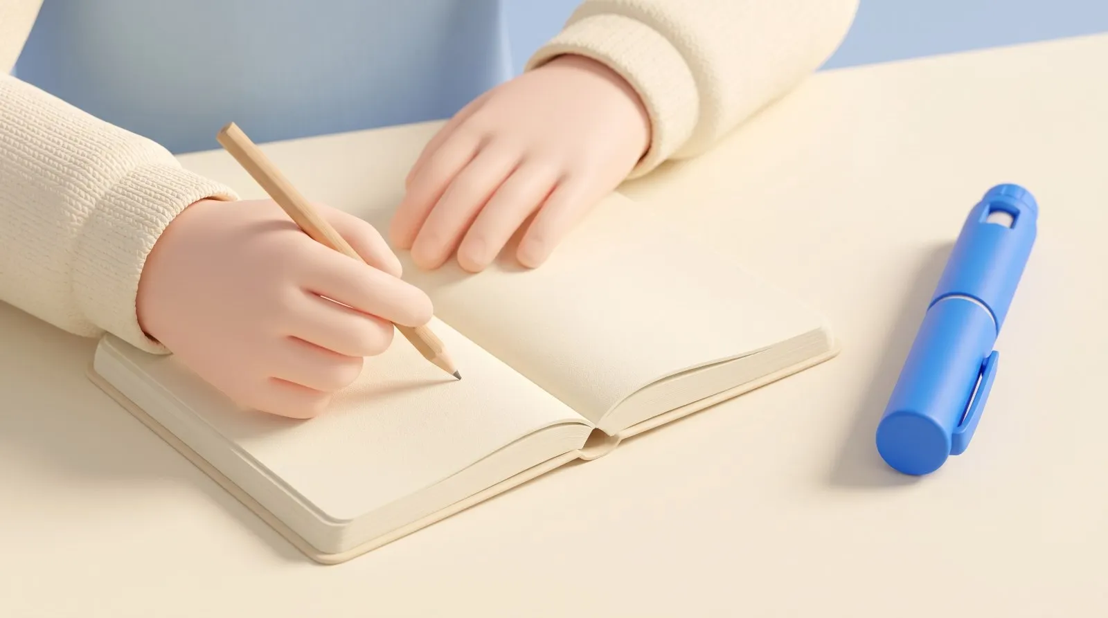Ilustração em render suave: as mãos de uma pessoa de suéter creme escrevendo a lápis num caderno aberto de páginas em branco, sobre uma mesa creme, ao lado de uma caneta injetora azul com tampa.