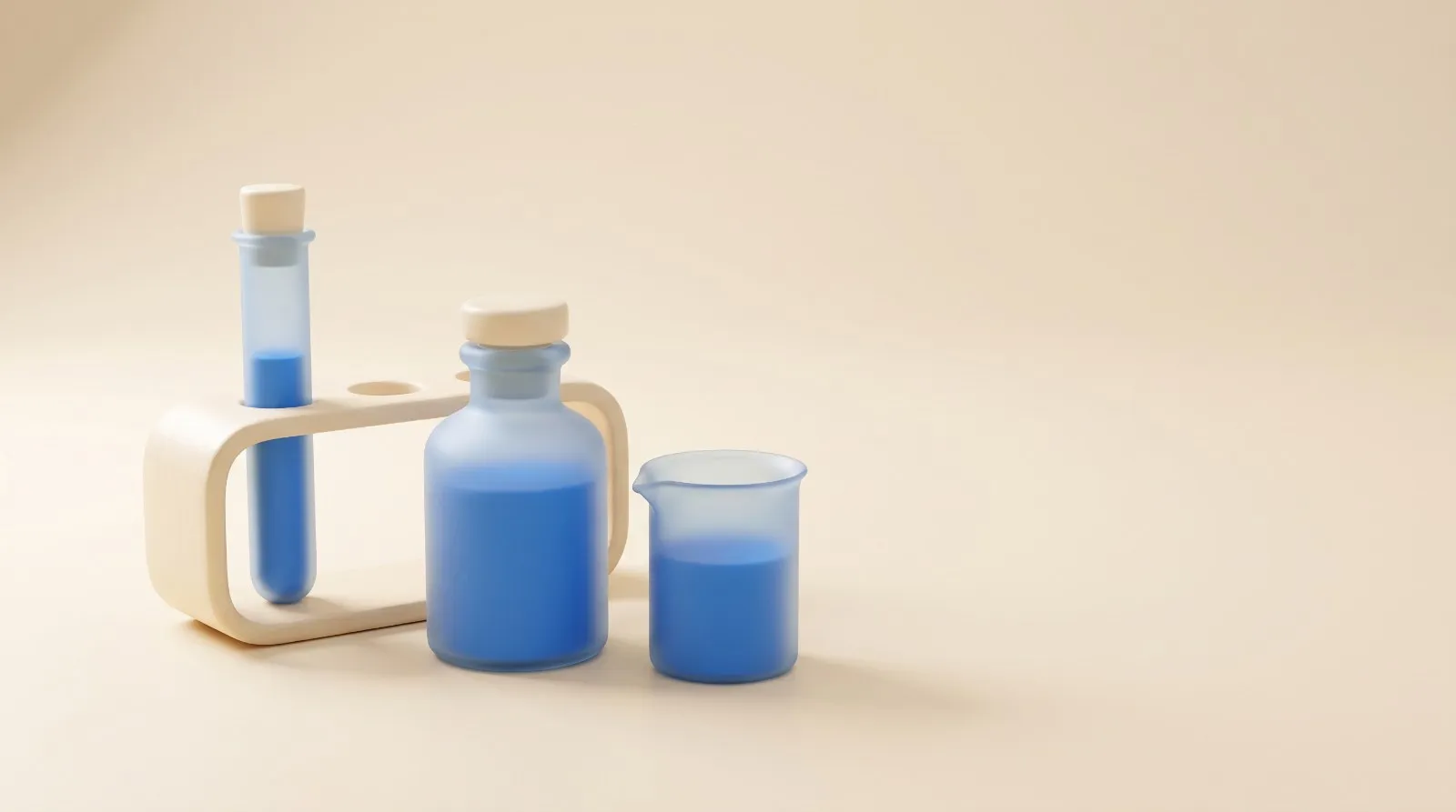 Ilustração em render suave sobre fundo creme: vidrarias de laboratório em azul fosco, um tubo de ensaio num suporte creme, um frasco arredondado com tampa e um béquer pequeno, com espaço vazio à direita.
