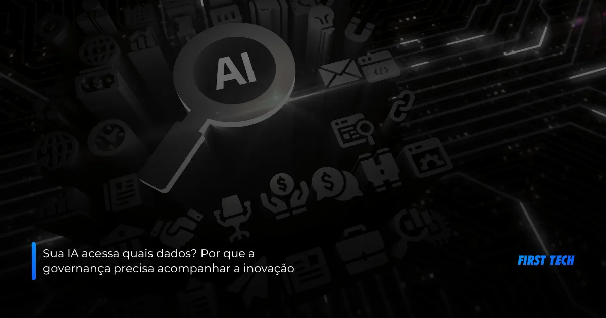 Ilustração de dados corporativos passando por camadas de governança e proteção antes de serem acessados por uma aplicação de IA.