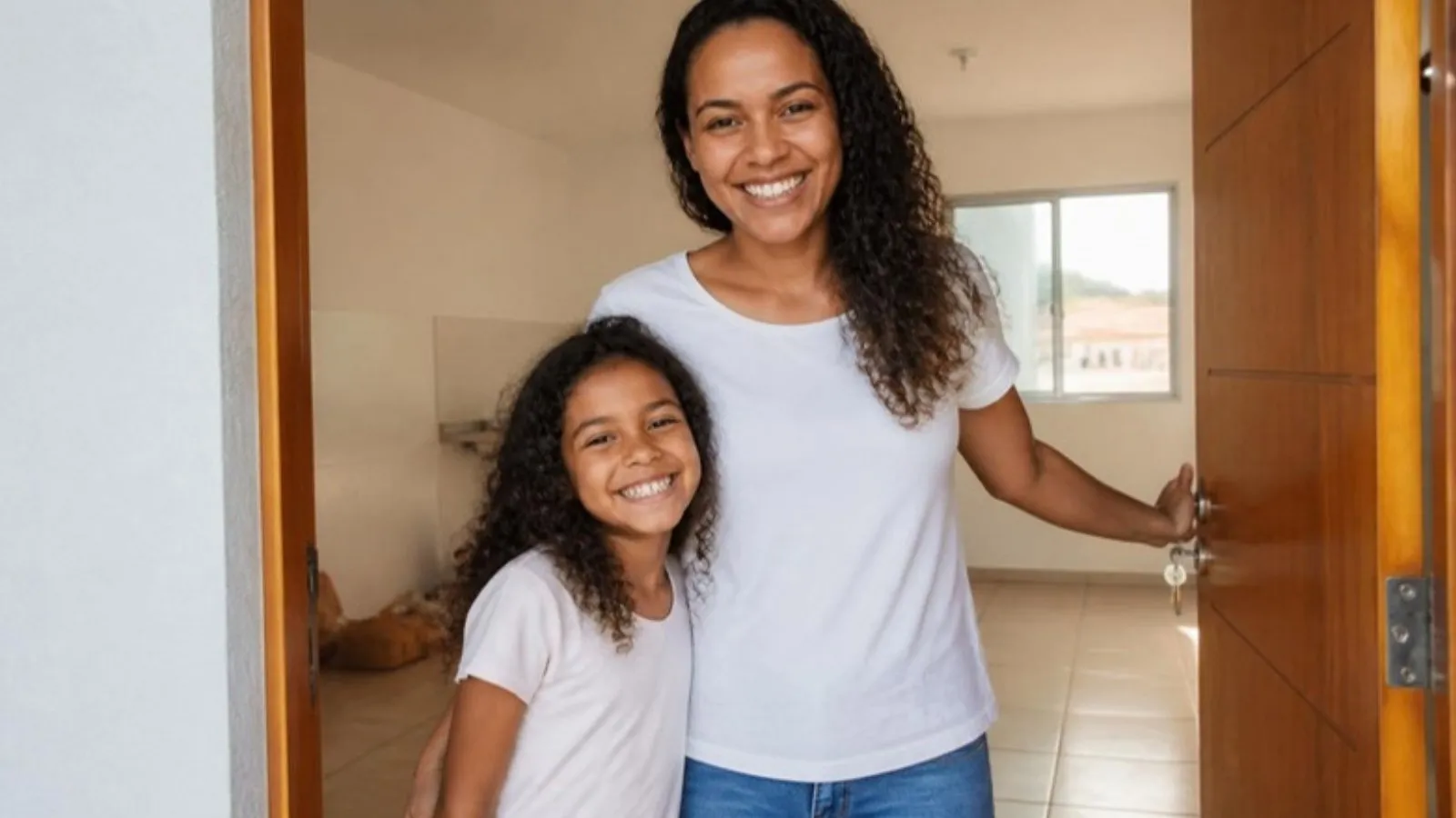 Mãe e filha na porta de casa própria (imagem ilustrativa)