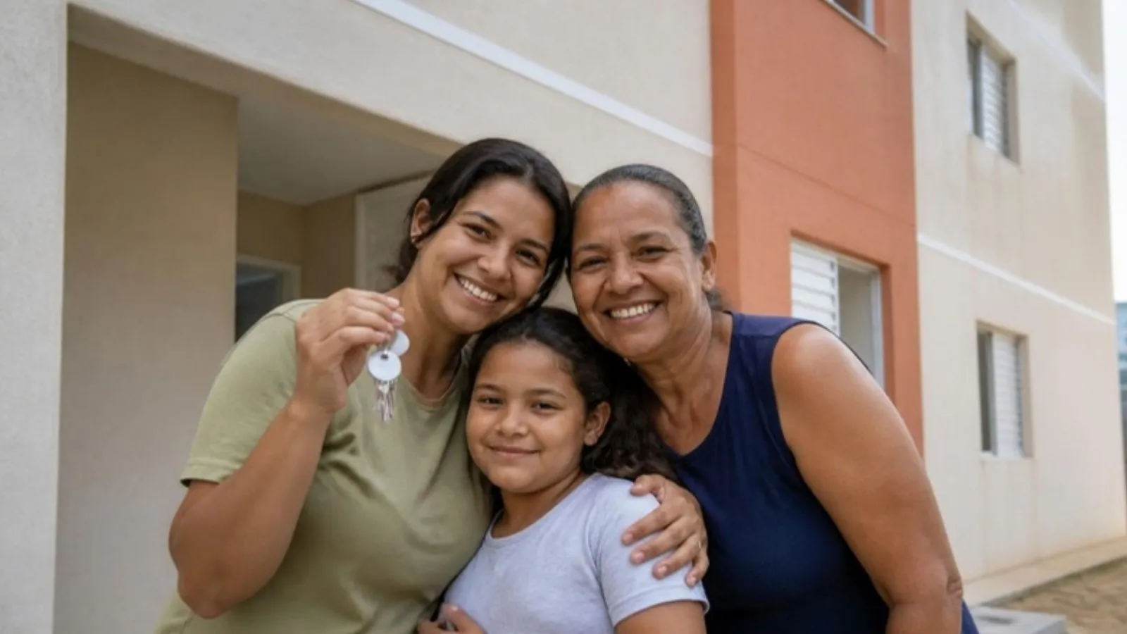 Família recebendo as chaves de apartamento de habitação social (imagem ilustrativa)